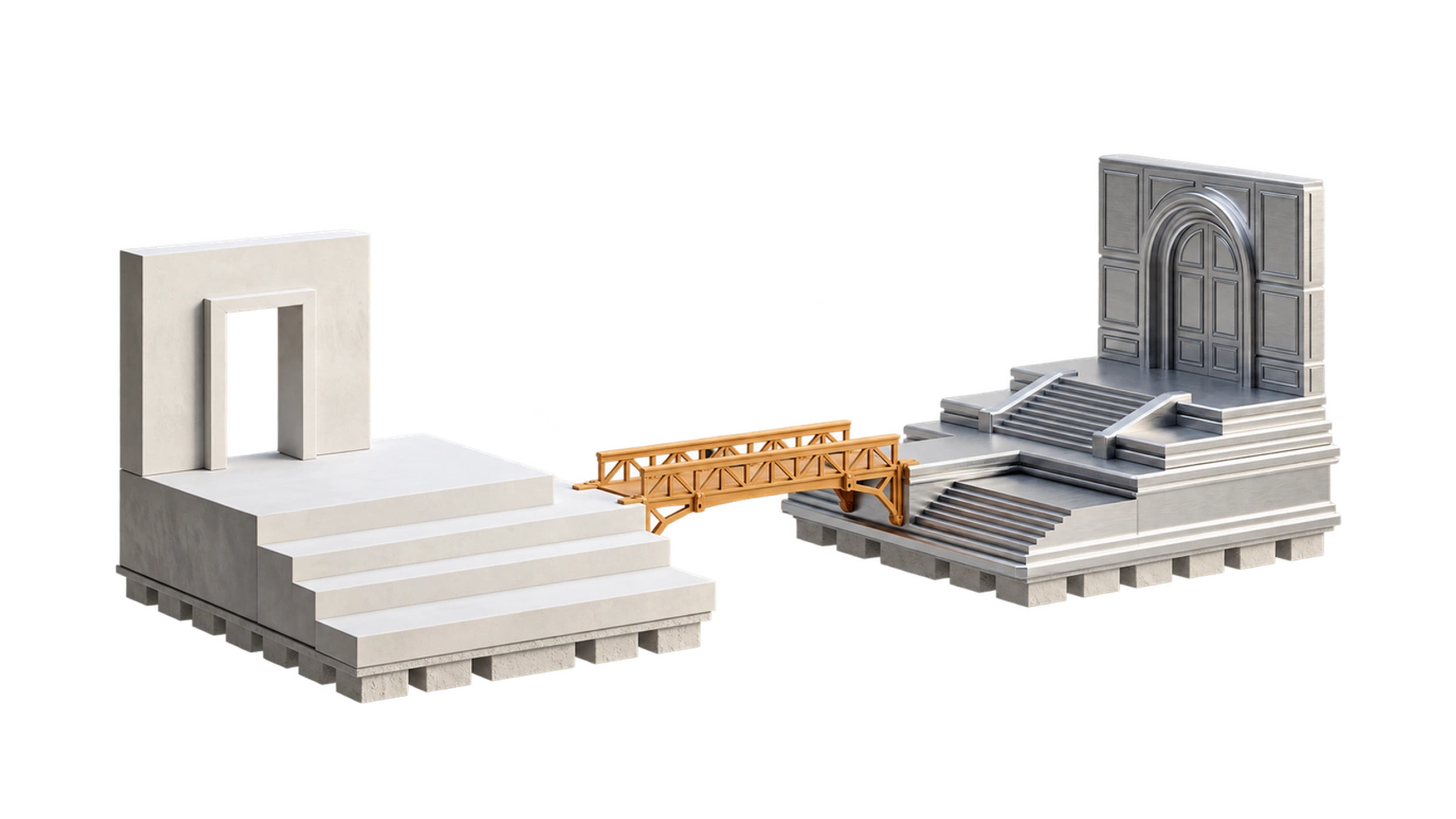 An amber bridge connects a white game-level blockout to a detailed silver architectural miniature. Editorial metaphor for previously unaffordable games, not an Epic product render.