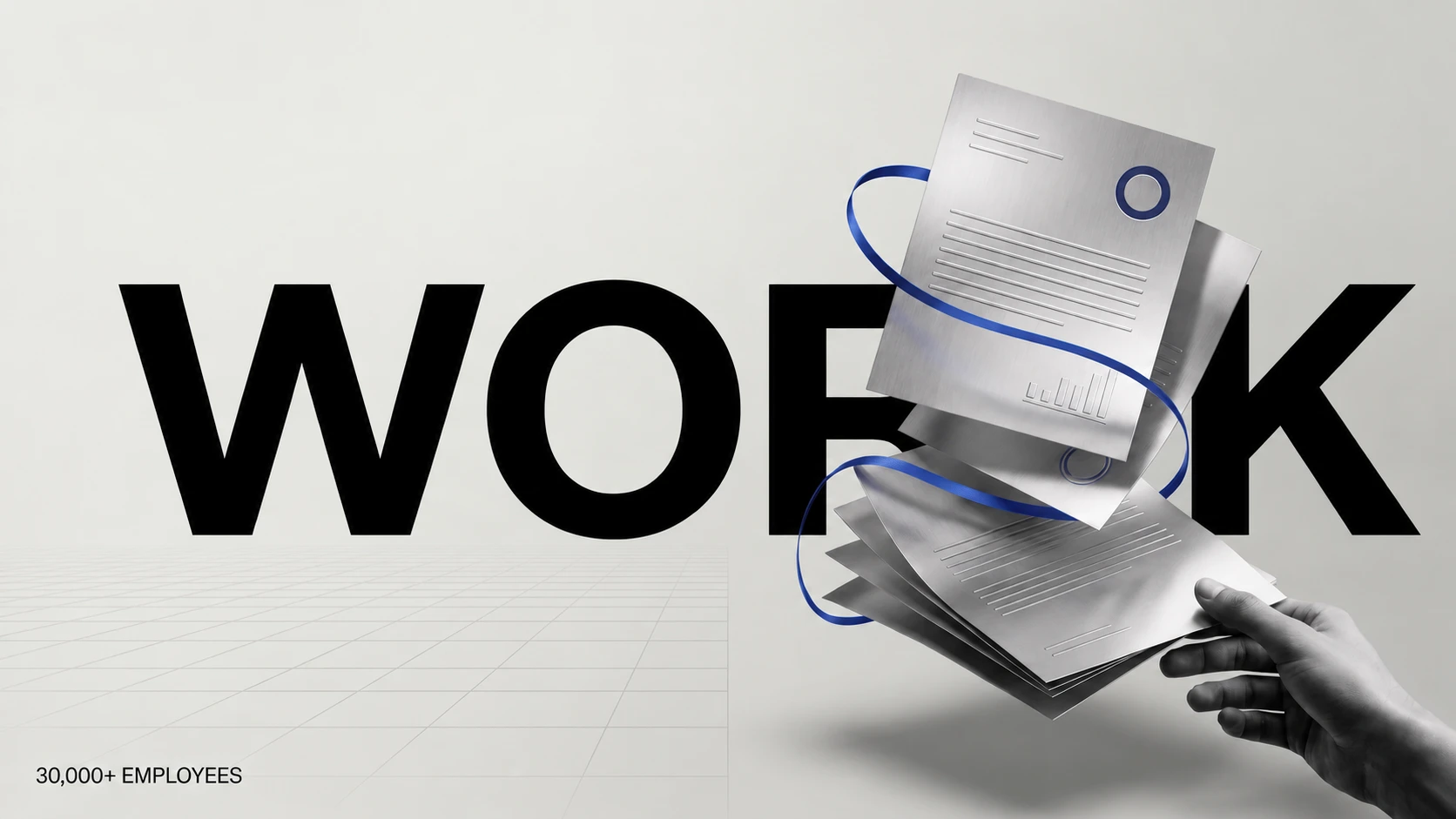 A human hand receives floating silver documents wrapped in a cobalt ribbon beneath WORK lettering. AI-generated editorial metaphor for delegated work and human responsibility.