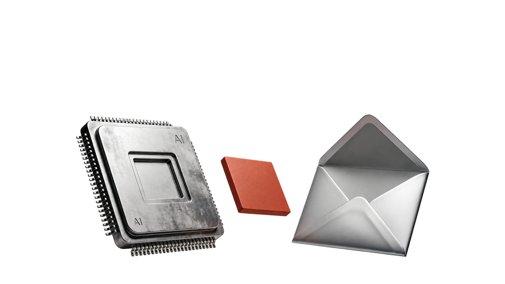 A terracotta ownership share hovers between a silver AI processor and an empty silver envelope. Editorial metaphor for the unresolved transfer from AI wealth to personal income.